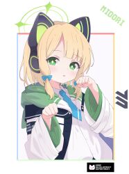 Rule 34 | 1girl, absurdres, animal ear headphones, animal ears, blonde hair, blue archive, blue bow, blue necktie, blush, bow, cat ear headphones, cat ears, character name, collared shirt, commentary, dress shirt, fake animal ears, green eyes, green halo, hair bow, halo, headphones, highres, hood, hood down, hooded jacket, jacket, long sleeves, looking at viewer, low-tied sidelocks, midori (blue archive), necktie, parted lips, paw pose, revision, rokukarashi, shirt, short hair, short necktie, solo, two-sided fabric, two-sided jacket, upper body, white jacket, white shirt, wide sleeves