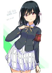 Rule 34 | 1girl, armband, artist name, artist request, black cardigan, black hair, black jacket, blue hair, bow, bowtie, breasts, buttons, cardigan, checkered clothes, checkered skirt, clenched hand, collared shirt, dark blue hair, dark green hair, hair between eyes, hair bow, hair ribbon, hand on own chest, highres, jacket, looking at viewer, love live!, love live! nijigasaki high school idol club, mifune shioriko, miniskirt, neck ribbon, nijigasaki school uniform, orange eyes, parted lips, plaid, plaid skirt, pleated, pleated skirt, purple bow, purple ribbon, red armband, red eyes, ribbon, school uniform, sharp teeth, shirt, short hair, skirt, small breasts, smile, solo, teeth, v-shaped eyebrows, white background, white shirt, white skirt, wing collar, yellow bow, yellow ribbon