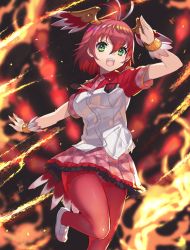 Rule 34 | 1girl, :d, antenna hair, bird tail, breast pocket, breasts, commentary request, fire, frilled skirt, frills, green eyes, hair between eyes, head wings, highres, japari symbol, kemono friends, looking at viewer, medium breasts, necktie, open mouth, pantyhose, pocket, red hair, red pantyhose, shoes, short hair, short sleeves, skirt, smile, solo, suzaku (kemono friends), tadano magu, tail, white footwear, wings
