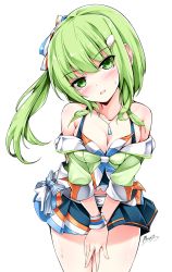 Rule 34 | 1girl, bad id, bad pixiv id, beatmania, beatmania iidx, belt, breasts, cleavage, collarbone, green eyes, green hair, hair ribbon, highres, jewelry, kitami erika, long hair, maremay0513, matching hair/eyes, necklace, open mouth, pleated skirt, ribbon, side ponytail, signature, simple background, skirt, solo, sweat, white background