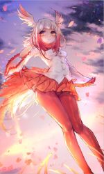 Rule 34 | 10s, blunt bangs, breasts, buttons, cameltoe, cloud, feathers, full body, fur collar, gradient hair, half-closed eyes, head wings, japanese crested ibis (kemono friends), kemono friends, legs, long sleeves, multicolored hair, pantyhose, pleated skirt, red pantyhose, shirt, short hair with long locks, skirt, sky, small breasts, solo, sunset, two-tone hair, white hair, white shirt, wide sleeves, wings, xing, yellow eyes