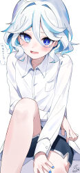 Rule 34 | 1girl, absurdres, alternate costume, blue eyes, blue hair, blue nails, blue shorts, blush, breast pocket, buttons, collarbone, collared shirt, commentary request, crossed arms, dot nose, drop-shaped pupils, embarrassed, furina (genshin impact), genshin impact, hair between eyes, hair intakes, hand on own knee, heterochromia, highres, light blue hair, long sleeves, looking at viewer, mismatched pupils, nishi yasuaki, pocket, shirt, short shorts, shorts, signature, simple background, solo, sweat, symbol-shaped pupils, tearing up, white background, white shirt