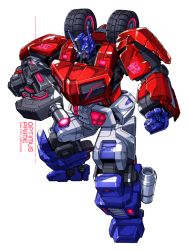 Rule 34 | 1boy, blue eyes, character name, clenched hand, copyright name, gun, holding, holding gun, holding weapon, mecha, no humans, optimus prime, robot, ryuuichirou (haineken), solo, transformers, transformers: war for cybertron, weapon, white background