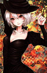 Rule 34 | 1girl, alternate costume, bad id, bad pixiv id, black dress, bow, braid, breasts, cleavage, collarbone, colorized, dress, face, female focus, grey hair, hair bow, halloween, hat, izayoi sakuya, lips, looking at viewer, nail polish, orange eyes, pesoko, pink nails, red eyes, slit pupils, smile, solo, touhou, twin braids, witch hat
