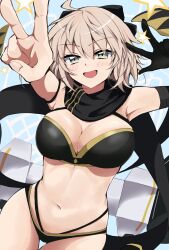 Rule 34 | 1girl, ahoge, asymmetrical gloves, bare shoulders, bikini, black bikini, black bow, black gloves, black scarf, blonde hair, blush, bow, breasts, cleavage, elbow gloves, fate/grand order, fate (series), gloves, hair bow, highleg, highleg bikini, highres, koha-ace, large breasts, layered bikini, looking at viewer, medium breasts, multi-strapped bikini, navel, okita j. souji (fate), okita j. souji (first ascension) (fate), okita souji (fate), scarf, short hair, single elbow glove, single glove, smile, solo, swimsuit, thigh strap, toyosu, uneven gloves, yellow eyes