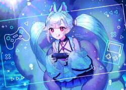 Rule 34 | 1girl, :q, absurdres, blue hair, blue skirt, commission, controller, detached sleeves, eyeshadow, game controller, highres, indie virtual youtuber, long hair, makeup, negirin, nogikawa, pink eyes, pink eyeshadow, pleated skirt, skeb commission, skirt, solo, tongue, tongue out, twintails, virtual youtuber