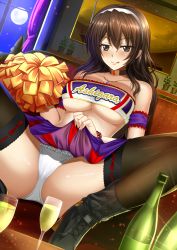 Rule 34 | 10s, 1girl, :p, alcohol, alternate costume, ashigara (kancolle), bare shoulders, black footwear, blush, boots, bracelet, breasts, brown eyes, brown hair, brown thighhighs, champagne, champagne bottle, character name, cheerleader, closed mouth, clothes lift, clothes writing, collarbone, commentary request, cup, curtains, drinking glass, dust, dutch angle, frilled panties, frills, full moon, hairband, high heel boots, high heels, holding, indoors, jewelry, kantai collection, large breasts, lifting own clothes, long hair, moon, moonlight, necklace, night, night sky, painting (object), panties, pantyshot, pearl bracelet, penis, plant, pom pom (cheerleading), potted plant, purple skirt, red ribbon, ribbon, ribbon-trimmed legwear, ribbon trim, shibata rai, sitting, skirt, skirt lift, sky, smile, solo, spread legs, thighhighs, tongue, tongue out, underboob, underwear, white panties, window