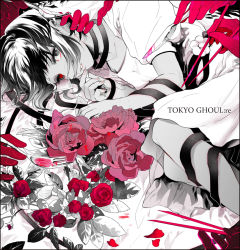 Rule 34 | 10s, 1girl, blood, chopsticks, copyright name, eyepatch, unworn eyepatch, finger to mouth, flower, fork, hand on another&#039;s head, hand on another&#039;s shoulder, heterochromia, looking at viewer, mutsuki tooru, noppo, pink flower, pink rose, red eyes, red flower, red rose, rose, scalpel, solo focus, tokyo ghoul, tokyo ghoul:re