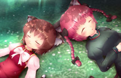 Rule 34 | 2girls, :3, :o, animal ears, blush, bow, braid, breasts, brown hair, cat ears, cat girl, cat tail, chen, chinese clothes, dress, earrings, extra ears, female focus, grass, hair bow, hand on own stomach, heads together, high collar, jewelry, juliet sleeves, kaenbyou rin, kane-neko, long sleeves, lying, multiple girls, on back, pointy ears, puffy sleeves, red hair, shade, short hair, single earring, sleeping, tail, touhou, twin braids, twintails