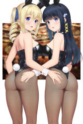 Rule 34 | 2girls, alternate costume, angelina kudou shields, animal ears, arm at side, ass, ass grab, bare arms, bare back, bare shoulders, black hair, black leotard, blonde hair, blue eyes, blush, breasts, brown pantyhose, detached collar, drill hair, hair ornament, highres, large breasts, legs, leotard, long hair, looking at viewer, looking back, mahouka koukou no rettousei, medium breasts, multiple girls, nanikairu, neck, open mouth, pantyhose, playboy bunny, rabbit ears, rabbit tail, ribbon, shiba miyuki, sideboob, smile, standing, straight hair, strapless, strapless leotard, tail, twin drills, twintails