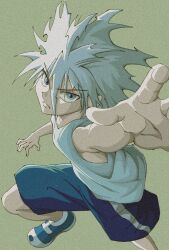 Rule 34 | 1boy, blue eyes, child, closed mouth, enoki (gongindon), fighting stance, foot out of frame, frown, hunter x hunter, killua zoldyck, looking at viewer, male focus, messy hair, outstretched hand, reaching, reaching towards viewer, serious, shorts, solo, spiked hair, tank top, white hair