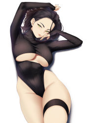 Rule 34 | 1girl, arms up, black hair, black leotard, blueorca, breasts, closed mouth, clothing cutout, forehead, green eyes, highleg, highleg leotard, highres, large breasts, leotard, lips, long sleeves, looking at viewer, lying, mole, mole on breast, mole under eye, on back, original, short hair, simple background, smile, solo, thigh strap, underboob, underboob cutout, white background