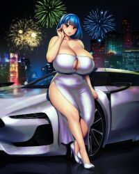 Rule 34 | 1girl, absurdres, adjusting hair, bare shoulders, belly, blunt bangs, blush, breasts, car, cityscape, cleavage, cleavage cutout, clothing cutout, collarbone, curvy, dress, erkaz, fireworks, full body, happy new year, high heels, highres, huge breasts, legs, looking at viewer, motor vehicle, new year, night, original, red eyes, reflection, rina atherina, shiny clothes, shiny skin, short hair, side slit, sitting, skyline, smile, solo, sports car, strapless, strapless dress, thick thighs, thighs, white dress, white footwear, wide hips