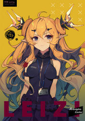 Rule 34 | 1988, 1girl, ahoge, arknights, armband, bare shoulders, black dress, blonde hair, blue eyes, breasts, breasts apart, character name, copyright name, double bun, dress, gradient background, hair between eyes, hair bun, highres, horns, id card, leizi (arknights), long hair, looking at viewer, medium breasts, mongarit, pointy ears, sleeveless, sleeveless dress, solo, squiggle, very long hair, yellow background