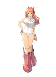 Rule 34 | 1girl, absurdres, alternate costume, boots, breasts, chagallkun, closed mouth, commentary request, egghead island, full body, hand on own hip, highres, leotard, long hair, looking at viewer, medium breasts, nami (one piece), nami (one piece) (egghead), official alternate costume, one piece, orange hair, revealing clothes, sleeveless turtleneck leotard, smile, solo, standing, very long hair, white background, white leotard, wide hips