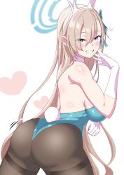 Rule 34 | 1girl, ass, asuna (blue archive), asuna (bunny) (blue archive), back, blonde hair, blue archive, blue eyes, blush, breasts, curvy, from behind, gloves, halo, heart, highres, kasabuta9500, large breasts, leotard, long hair, looking at viewer, looking back, official alternate costume, pantyhose, playboy bunny, simple background, smile, solo, thick thighs, thighs, white background