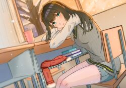 Rule 34 | 1girl, artist request, black necktie, blue eyes, book, brown hair, chair, classroom, closed mouth, commission, cup, drinking straw, grey skirt, grey vest, indoors, long hair, long sleeves, looking at viewer, milk tea, n0va desktop, necktie, red scarf, scarf, school uniform, second-party source, shirt, sitting, skirt, snow, tareme, tree, vest, white shirt, window, yoyo lumi
