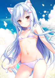 Rule 34 | 1girl, animal ears, bare arms, bare shoulders, bikini, blue hair, blue sky, blush, bow, breasts, cat ears, cat tail, choker, cloud, cloudy sky, collarbone, commentary request, contrapposto, cowboy shot, emily (pure dream), fish hair ornament, gluteal fold, hair bow, hair ornament, highres, long hair, looking at viewer, multicolored hair, navel, open mouth, original, red eyes, side-tie bikini bottom, sky, small breasts, smile, solo, standing, stomach, swimsuit, tail, tail grab, two-tone hair, white bikini, white choker, white hair, x hair ornament
