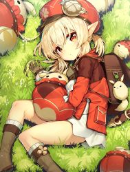 Rule 34 | 1girl, :o, back, backpack, bag, bag charm, blonde hair, boots, brown footwear, brown gloves, charm (object), clover, darnell, dress, four-leaf clover, genshin impact, gloves, grass, hat, highres, klee (genshin impact), knee boots, long sleeves, low twintails, lying, on side, open mouth, outdoors, pointy ears, red dress, red eyes, red hat, short twintails, sidelocks, solo, twintails