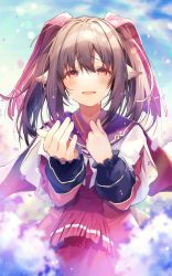Rule 34 | 1girl, ainu clothes, animal ears, aquaplus, arms up, breasts, brown hair, crying, crying with eyes open, dress, fingernails, gradient eyes, gradient hair, hair ribbon, highres, long hair, long sleeves, looking at viewer, multicolored eyes, multicolored hair, nekone (utawarerumono), official art, open mouth, oshioshio, raised eyebrows, red eyes, ribbon, sidelocks, small breasts, solo, tail, teardrop, tears, twintails, upper body, utawarerumono, utawarerumono: itsuwari no kamen, utawarerumono: lost flag
