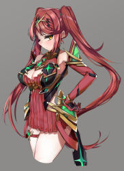 Rule 34 | 1girl, alternate color, alternate hairstyle, bare legs, bare shoulders, breasts, chest jewel, cleavage, cleavage cutout, clothing cutout, cosplay, dress, earrings, elbow gloves, gloves, highres, jewelry, large breasts, long hair, mythra (xenoblade), nakazou2000, pyra (xenoblade), pyra (xenoblade) (cosplay), red hair, xenoblade chronicles (series), xenoblade chronicles 2