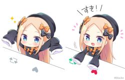 Rule 34 | 1girl, abigail williams (fate), black bow, black dress, black hat, blonde hair, blue eyes, blush, bongo cat, bow, chibi, closed mouth, commentary request, dress, fate/grand order, fate (series), hair between eyes, hat, heart, long hair, long sleeves, masayo (gin no ame), meme, open mouth, orange bow, parted bangs, polka dot, polka dot bow, simple background, sleeves past fingers, sleeves past wrists, smile, solo, sparkling eyes, twitter username, white background