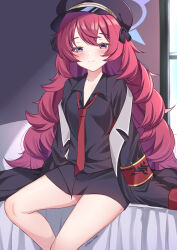 Rule 34 | 1girl, armband, bed sheet, black hat, black jacket, black shirt, black skirt, blue archive, blush, breasts, closed mouth, collared shirt, feet out of frame, hair between eyes, halo, hat, highres, indoors, iroha (blue archive), jacket, long hair, looking at viewer, loose necktie, maru.selinn, military hat, military jacket, miniskirt, necktie, off shoulder, on bed, open clothes, open jacket, peaked cap, pillow, purple eyes, purple hair, red armband, red hair, red necktie, safety pin, shirt, sitting, skirt, sleeves past fingers, sleeves past wrists, small breasts, smile, solo, thighs, twitter username, very long hair, wavy hair