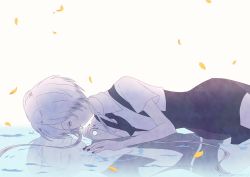 Rule 34 | 2others, androgynous, cairngorm (houseki no kuni), closed eyes, colored eyelashes, different reflection, gem uniform (houseki no kuni), ghost quartz (houseki no kuni), grey eyes, grey hair, hair over one eye, houseki no kuni, looking at viewer, lying, lying on water, multiple others, nallck 6v6 (nothy-nn), necktie, on side, petals, reflection, short hair, short hair with long locks, spoilers, suspenders, water, white eyes, white hair
