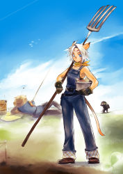 Rule 34 | 00s, 1girl, :&lt;, animal ears, blue eyes, carrying, cat girl, day, doraeshi, final fantasy, final fantasy xi, fishing, fishing rod, gloves, goblin (final fantasy), hat, highres, holding, holding pitchfork, mithra (ff11), musical note, neckerchief, no shirt, overalls, pitchfork, short hair, sky, straw hat, tail, white hair
