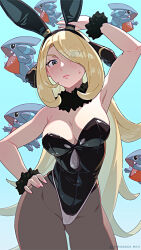 Rule 34 | 1girl, alternate costume, animal ears, armpits, bare shoulders, black leotard, blonde hair, blue background, blush, breasts, brown pantyhose, cleavage, closed mouth, commentary, creatures (company), cynthia (pokemon), eyes visible through hair, fake animal ears, fingernails, fur collar, game freak, gen 4 pokemon, gible, green eyes, hair ornament, hair over one eye, hand on own hip, highleg, highleg leotard, large breasts, leotard, lips, long hair, looking at viewer, nintendo, pantyhose, pink lips, pink nails, playboy bunny, pokemon, pokemon (creature), pokemon dppt, rabbit ears, short hair, sidelocks, solo, strapless, strapless leotard, sweatdrop, thighs, twitter username, very short hair, yonezawa mao
