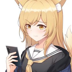 Rule 34 | 1girl, animal ear fluff, animal ears, ars.rin, black shirt, blonde hair, blue jacket, blush, breasts, cellphone, closed mouth, collarbone, commentary request, fox ears, fox girl, fox tail, hand up, holding, holding phone, jacket, long hair, long sleeves, medium breasts, neckerchief, original, phone, sailor collar, school uniform, shirt, simple background, smartphone, solo, swept bangs, tagme, tail, upper body, wavy mouth, white background, white sailor collar, yellow neckerchief