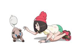 Rule 34 | 1girl, all fours, bare legs, beanie, bracelet, commentary request, creatures (company), floral print, game freak, gen 7 pokemon, green shorts, hat, highres, ia (ilwmael9), jewelry, nintendo, pokemon, pokemon (creature), pokemon sm, red headwear, rockruff, selene (pokemon), shirt, shoes, short shorts, short sleeves, shorts, simple background, smile, sneakers, t-shirt, white background, z-ring
