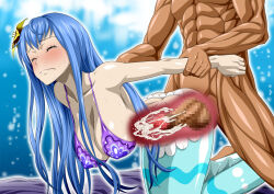 Rule 34 | 1boy, 1girl, ass, blue hair, breasts, censored, covered erect nipples, cum, dark-skinned male, dark skin, large breasts, mermaid, mero (one piece), monster girl, nel-zel formula, one piece, penis, pussy, sex, swimsuit