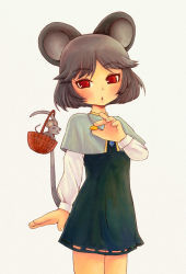 Rule 34 | 1girl, animal ears, basket, capelet, cheese, dress, female focus, food, grey hair, holding, holding with tail, jewelry, mamechichi, mouse (animal), mouse ears, mouse tail, nazrin, pendant, prehensile tail, red eyes, short hair, simple background, solo, tail, touhou