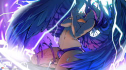 Rule 34 | 1futa, arched back, breasts, bulge, chromatic aberration, cleavage, commentary, commission, crossed arms, demon girl, electricity, english commentary, erection, erection under clothes, feathered wings, futanari, highres, leg tattoo, long hair, magic, magic circle, medium breasts, navel, original, purple hair, purple shorts, short shorts, shorts, snake hair, snortzog, solo, tattoo, topless, wings