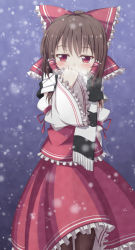 Rule 34 | 1girl, bad id, bad pixiv id, blush, bow, brown hair, cold, detached sleeves, embellished costume, hair bow, hair tubes, hakurei reimu, highres, long sleeves, looking at viewer, red eyes, scarf, scarf over mouth, shefu, shirt, skirt, skirt set, snowing, solo, touhou, trembling, wide sleeves