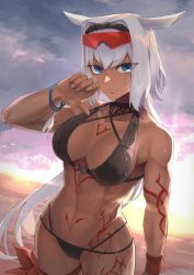Rule 34 | 1girl, abs, absurdres, animal ears, backlighting, bare shoulders, beach, biceps, bikini, black bikini, blue eyes, body markings, breasts, caenis (fate), caenis (swimsuit rider) (fate), caenis (swimsuit rider) (first ascension) (fate), cleavage, collarbone, fate/grand order, fate (series), goggles, gradient sky, grey sky, hairband, hakohako-does, highres, large breasts, long hair, looking at viewer, muscular, muscular female, navel, orange sky, sky, solo, sunset, swimsuit, thighs, toned, twilight, very long hair, wet, white hair