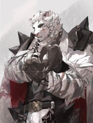 Rule 34 | 1boy, animal ears, arknights, artist request, bara, cowboy shot, expressionless, facial hair, furry, furry male, goatee, highres, large hands, male focus, mountain (arknights), muscular, muscular male, scar, scar across eye, scar on arm, short hair, solo, thick eyebrows, tiger boy, tiger ears, watermark, white hair