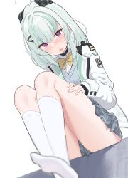 Rule 34 | 1girl, admi (nikke), ahoge, blush, bow, bowtie, breasts, collared shirt, full body, goddess of victory: nikke, green hair, grey skirt, grey sweater, hair ornament, hairclip, hand on own thigh, highres, jacket, kneehighs, long sleeves, looking down, medium hair, miniskirt, multicolored hair, open clothes, open jacket, open mouth, pleated skirt, purple eyes, shirt, simple background, sitting, skirt, small breasts, socks, solo, streaked hair, sweater, white background, white hair, white jacket, white shirt, white socks, xi oshir1, yellow bow, yellow bowtie