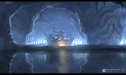 Rule 34 | blue theme, boat, carving, cave, copyright name, dated, face, highres, letterboxed, pixiv fantasia, pixiv fantasia last saga, reflection, scenery, watercraft, yuushoku