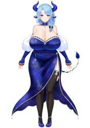 Rule 34 | 1girl, absurdres, animal ears, bare shoulders, blue dress, blue eyes, blue hair, blue pupils, breasts, bright pupils, cleavage, closed mouth, collarbone, cow ears, cow girl, cow tail, cream cod, detached collar, detached sleeves, dress, full body, highres, horns, huge breasts, indie virtual youtuber, jewelry, lace trim, long hair, long sleeves, miilkywayz, mole, mole on breast, mole under eye, mole under mouth, open hands, shoes, simple background, sleeveless, sleeveless dress, sleeves past wrists, smile, solo, standing, star-shaped pupils, star (symbol), straight-on, strapless, symbol-shaped pupils, tail, thick thighs, thighhighs, thighs, third-party source, virtual youtuber, white background