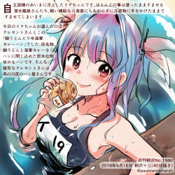 Rule 34 | 1girl, blue hair, commentary request, curry bread, dated, hair ribbon, i-19 (kancolle), kantai collection, kirisawa juuzou, long hair, name tag, numbered, one-piece swimsuit, red eyes, ribbon, school swimsuit, solo, star-shaped pupils, star (symbol), swimsuit, symbol-shaped pupils, traditional media, translation request, tri tails, twintails, twitter username, upper body, water