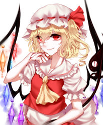 Rule 34 | 1girl, ascot, bad id, bad pixiv id, blonde hair, blood, blood on hands, crystal, fang, fang out, flandre scarlet, hair between eyes, hair ribbon, hat, hat ribbon, highres, laevatein, mob cap, puffy short sleeves, puffy sleeves, red eyes, red ribbon, red skirt, red vest, ribbon, sheya, shirt, short sleeves, side ponytail, skirt, smile, solo, touhou, upper body, vest, white background, white hat, white shirt, wings