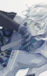 Rule 34 | 1boy, aqua eyes, armor, bare shoulders, belt, blue hair, closed mouth, commentary request, detached sleeves, expressionless, facial mark, facial tattoo, fate/grand order, fate (series), forehead mark, fur collar, fur trim, furry, furry male, glasses, gloves, grey background, grey hair, high collar, ishida mitsunari (fate), katana, kukochihiko (fate), looking at viewer, male focus, sei 8220, short hair, simple background, solo, striped, sword, tattoo, turtleneck, upper body, v, weapon, wolf boy
