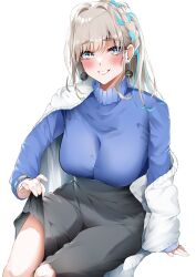 Rule 34 | 1girl, absurdres, blue eyes, blue hair, blue sweater, blush, breasts, earrings, fate/grand order, fate (series), grey hair, grey skirt, grin, highres, jacket, jewelry, large breasts, len (hand linke), long hair, long sleeves, looking at viewer, multicolored hair, pope joan (fate), sitting, skirt, smile, solo, sweater, turtleneck, turtleneck sweater, two-tone hair, watch, white jacket, wristwatch