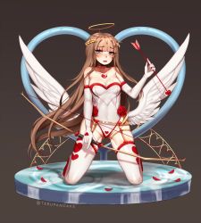 Rule 34 | 1girl, arrow (projectile), artist name, bare shoulders, blue eyes, blush, bow (weapon), breasts, brown hair, cleavage, collarbone, commentary, elbow gloves, eyes visible through hair, feathered wings, flower, gloves, gluteal fold, hair ornament, hairclip, halo, heart, heart print, kneeling, laurel crown, long hair, looking at viewer, low wings, medium breasts, original, parted lips, petals, solo, terupancake, twitter username, very long hair, weapon, white gloves, white wings, wings