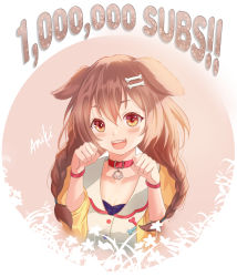 Rule 34 | 1girl, :d, absurdres, aniki (aniki90), animal ears, blush, bone hair ornament, braid, brown background, brown eyes, brown hair, cartoon bone, collar, collarbone, commentary, cropped torso, dog ears, dress, fang, hair between eyes, hair ornament, hair over shoulder, hands up, highres, hololive, inugami korone, inugami korone (1st costume), jacket, long hair, long sleeves, looking at viewer, milestone celebration, open clothes, open jacket, open mouth, paw pose, red collar, signature, smile, solo, teeth, twin braids, two-tone background, upper body, upper teeth only, virtual youtuber, white background, white dress, yellow jacket