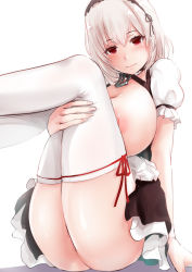 Rule 34 | 1girl, anchor, anchor choker, apron, azur lane, breasts, choker, cleavage, frilled apron, frilled choker, frills, ganari ryuu, hair between eyes, hairband, highres, lace-trimmed hairband, lace trim, large breasts, looking at viewer, maid apron, nipples, no panties, puffy sleeves, red eyes, short sleeves, sidelocks, sirius (azur lane), solo, thighhighs, waist apron, white apron, white hair, white thighhighs