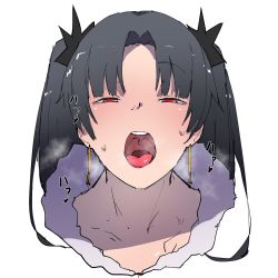 Rule 34 | 1girl, black hair, blunt bangs, blush, commentary request, earrings, fate/grand order, fate (series), heavy breathing, highres, ishtar (fate), jewelry, jikatarou, looking at viewer, open mouth, oral invitation, portrait, red eyes, simple background, solo, tohsaka rin, tongue, twintails, uvula, white background