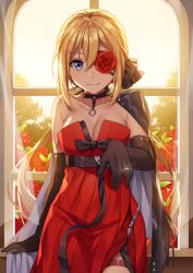 Rule 34 | 1girl, alternate hairstyle, arm support, arm up, ass, bad id, bad pixiv id, bare shoulders, belt, black belt, black bow, black gloves, black jacket, black ribbon, blonde hair, blue eyes, bow, breasts, buckle, chair, choker, cleavage, closed mouth, collarbone, cowboy shot, curtains, dress, elbow gloves, eyepatch, eyes visible through hair, flower, flower eyepatch, girls&#039; frontline, glass, gloves, hair between eyes, hair ribbon, indoors, jacket, jacket on shoulder, jewelry, kim bae-eo, leaning on object, light particles, long hair, looking at viewer, low ponytail, medium breasts, o-ring, official alternate costume, open clothes, open jacket, open mouth, petals, plant, ponytail, red dress, red flower, red rose, ribbon, ring, rose, rose petals, sidelocks, skorpion (crimson starlet) (girls&#039; frontline), skorpion (girls&#039; frontline), smile, solo, standing, strap, strapless, strapless dress, thigh strap, thighs, wedding band, window, windowsill
